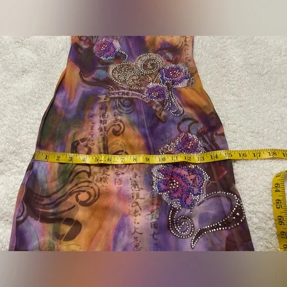 Y2K Maxi Slip Dress Size Small Asian Tattoo Print Rhinestone Fairy Grunge  Goth